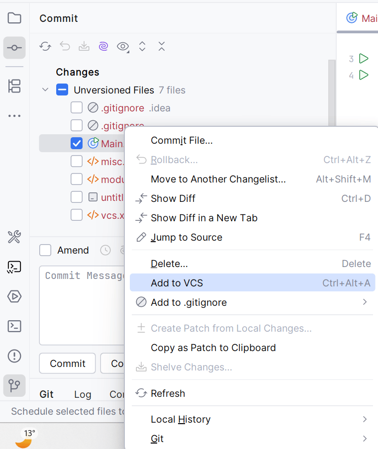 Команда Git &rarr; Add в контекстном меню списка изменений