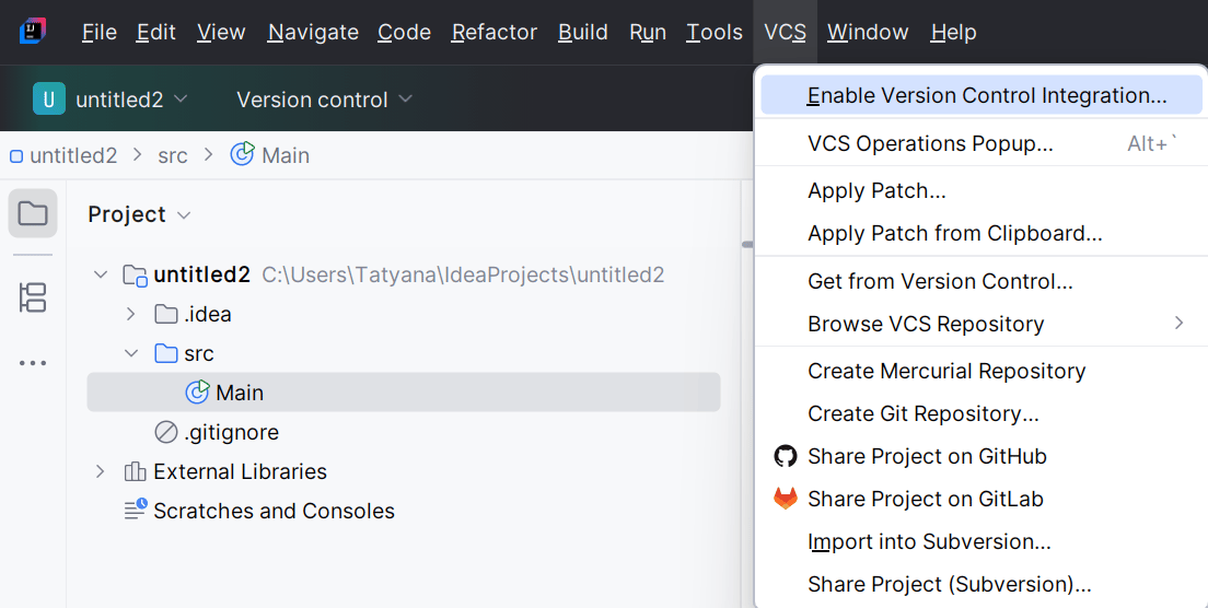 Создание локального git-репозитория через меню VCS в IntelliJ IDEA
