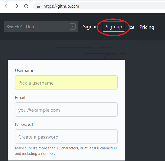 Step 1 GitHub sign up screenshot